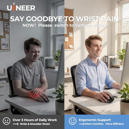 Uineer Vertical Ergonomic Mouse, Wireless Bluetooth Mouse, 3-Device | Switch among 3 devices via dual Bluetooth and 2.4G; rechargeable with 7-color ambient lighting. - color: Black