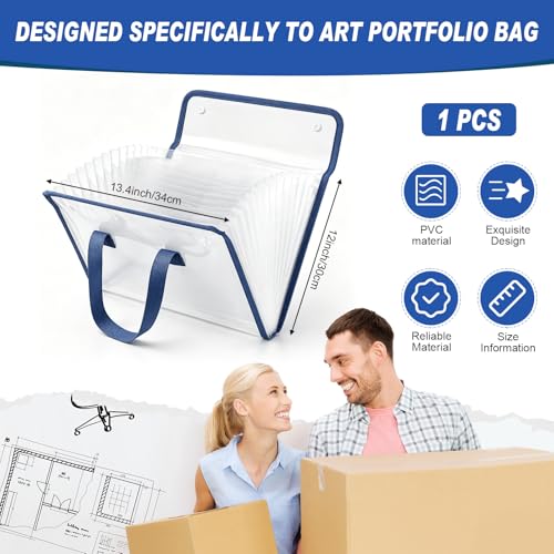 1 Pack 12x13.4 Inch Kids Art Portfolio, Expanding File Organizer with 13 Pockets, Art Portfolio for Kids with Handle, Oxford Cloth Edge Transparent Artwork Folder for Children