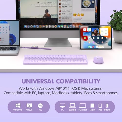 Purple Wireless Keyboard and Mouse Combo for Desktop Mac iPad Bluetooth 2.4 Ghz Rechargeable Slim Silent Click with Number Pad Compatible with Pc, Laptop, Tablet (Purple) - color: Purple