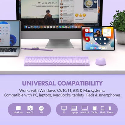 Purple Wireless Keyboard and Mouse Combo for Desktop Mac iPad Bluetooth 2.4 Ghz Rechargeable Slim Silent Click with Number Pad Compatible with Pc, Laptop, Tablet (Purple) - color: Purple