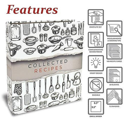 Better Kitchen Products Recipe Binder, 8.5" x 9.5" 3 Ring Binder Organizer Set (with 50 Page Protectors, 100 4" x 6" Recipe Cards & 12 Category Divider Tabs) Sleek Kitchen Design