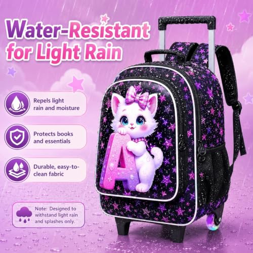 WZLVO 3PCS Kids Backpack with Wheels, 18" Sparkling Cat Print Roller Backpack for Girls with Light-Up Wheels, Includes Matching Lunch Bag & Pencil Bag - Cat Hugging A (Purple) - color: 3PCS Girls Rolling Backpack - Cat Hugging A