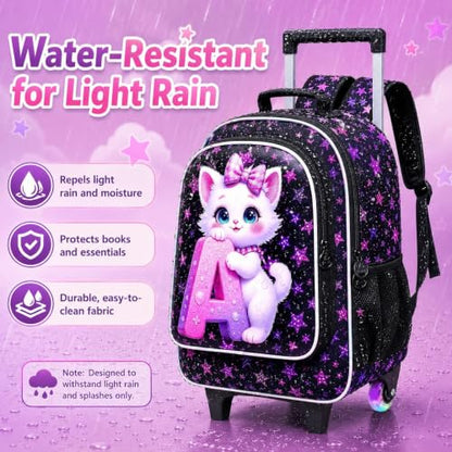 WZLVO 3PCS Kids Backpack with Wheels, 18" Sparkling Cat Print Roller Backpack for Girls with Light-Up Wheels, Includes Matching Lunch Bag & Pencil Bag - Cat Hugging A (Purple) - color: 3PCS Girls Rolling Backpack - Cat Hugging A
