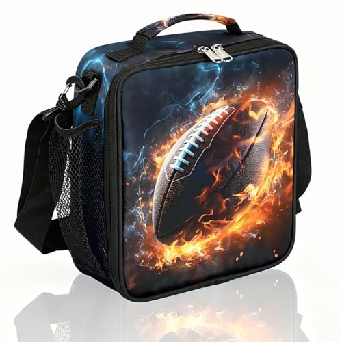 Fire Football Boys Lunch Box for School Insulated Kids Lunch Box Reusable Leakproof Lunch Bag Thermal Cooler Tote Picnic Lunchbox with Adjustable Shoulder Strap Back to School Gifts for Teens Boys - color: American Football