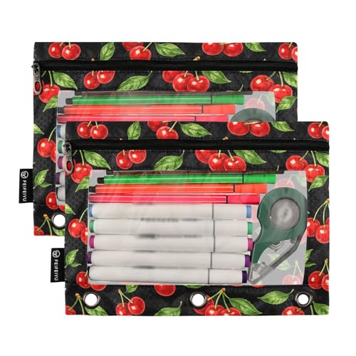 2 Pack Pencil Pouch for 3 Ring Binder Red Cherry Pencil Case Pouch with Clear Window Zipper Binder Pencil Pouches Pen Bag for Office School Supplies - color: Red Cherry