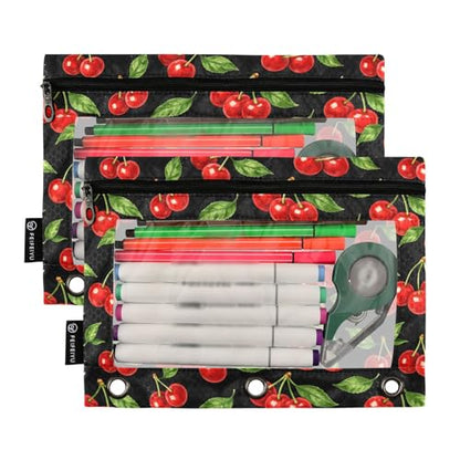2 Pack Pencil Pouch for 3 Ring Binder Red Cherry Pencil Case Pouch with Clear Window Zipper Binder Pencil Pouches Pen Bag for Office School Supplies - color: Red Cherry