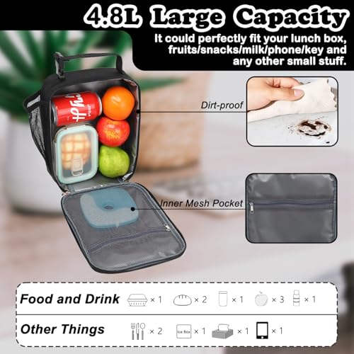 FlowFly Lunch box Insulated Soft Bag Mini Cooler Back to School Thermal Meal Tote Kit With Buckle and Mesh Side Pocket for Girls, Boys, BlackWithLetter - color: BlackWithLetter