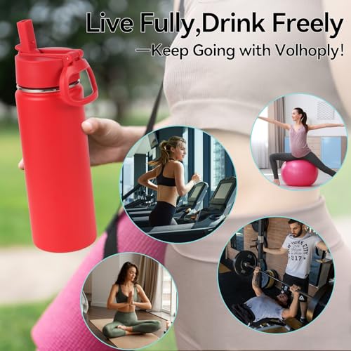 Volhoply 20oz Insulated Stainless Steel Water Bottle with Straw Lid, Kids Wide Mouth Double Wall Vacuum Cups with Handle,Reusable Outdoor Sports Metal Bottles,Travel Flask Keep Cold&Hotd(Red,1) - color: Red