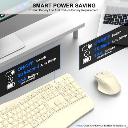 Wireless Keyboard and Mouse Combo, 2.4G Ergonomic Wave Keys (Latte) | Full Size Wave Keyboard with Wrist Rest, 3-Level DPI Adjustable Ergonomic Mouse for Windows and Mac OS Desktop/Laptop/PC - color: Latte