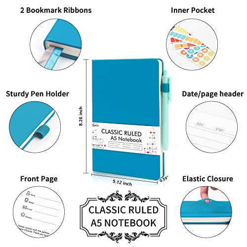 feela 12 Pack Notebooks Journals Bulk, Hardcover Notebook Classic Ruled Journal Set with Pen Holder for School Business Work Travel Writing, with 12 Black Pens, 120 GSM, 5.1”x8.3”, A5, Teal - color: 12 Teal