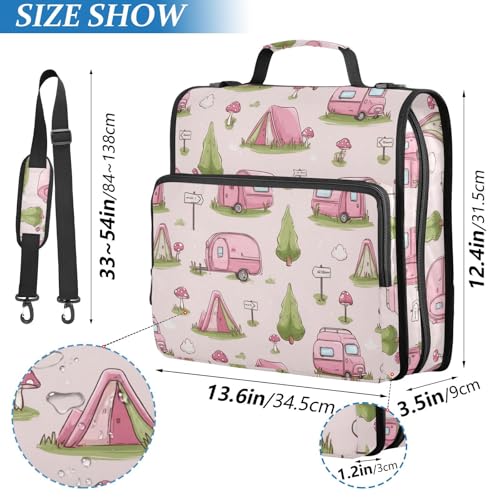 Pink Camping Tent Pattern 3 D-Ring 2 inch Zipper Binder Bag with Shoulder Strap, Multi-Pocket Portfolio Organizer Case for 13 Inch Laptop Middle School - color: Pink Camping Tent Pattern