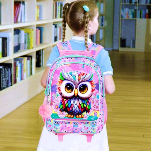 HPJGD 3PCS Owl Rolling Backpack for Girls, Kids School Backpacks with Wheels, Water Resistant UV Printed Roller Wheeled Bookbag Set - color: Glittering UV Priting Owl Pink Rolling Backpack