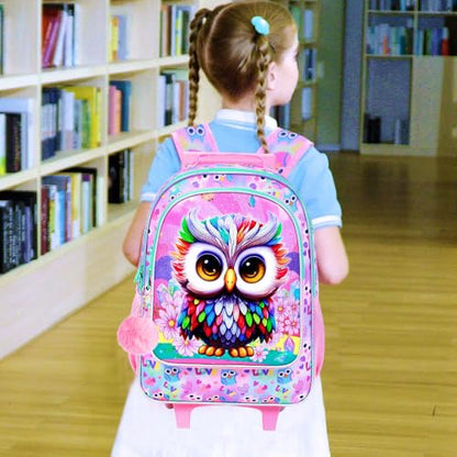 HPJGD 3PCS Owl Rolling Backpack for Girls, Kids School Backpacks with Wheels, Water Resistant UV Printed Roller Wheeled Bookbag Set - color: Glittering UV Priting Owl Pink Rolling Backpack