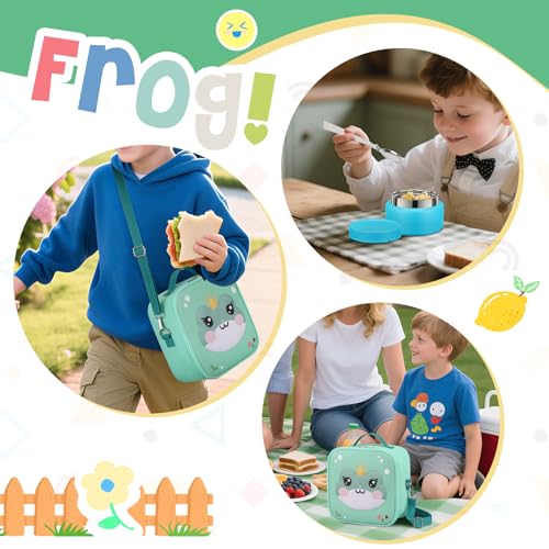 Kids Bento Box - 4 Compartment, Leak-Proof, with Soup Thermo | 9oz Soup Thermo Included, Insulated Lunch Bag, For Boys & Girls, School & Travel - color: Frog-Blue