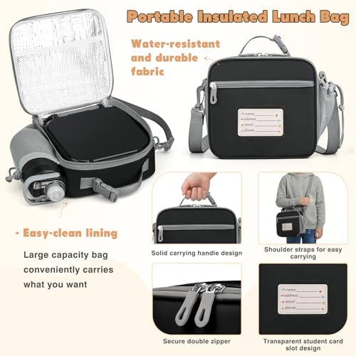 Bento Lunch Box for Kids with 7oz Soup Thermo,Insulated Stainless Steel Kids Water Bottle with Straw and Insulated Lunch Bag,Leak-Proof Lunch Food Container with Ice Pack for School(Black) - color: Black