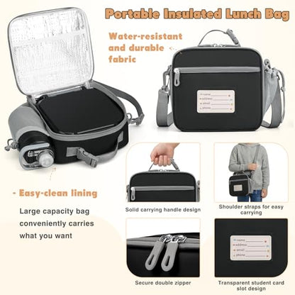 Bento Lunch Box for Kids with 7oz Soup Thermo,Insulated Stainless Steel Kids Water Bottle with Straw and Insulated Lunch Bag,Leak-Proof Lunch Food Container with Ice Pack for School(Black) - color: Black