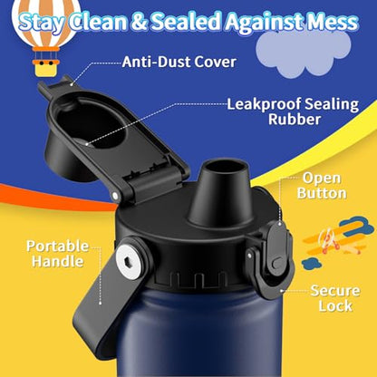 baab 18oz Kids Water Bottle, Insulated Kids Water Bottle with Lockable Spout Lid & Stickers, 18/8 Stainless Steel Vacuum Leakproof Kid Water Cup with Handle for Boy Girl & School (Navy Blue, 1 Pack) - color: Navy Blue, size: 18 Ounces