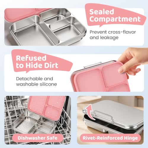 Pawtong Stainless Steel Bento Box for Kids and Adults, 3 Compartment Leakproof Lunch Box with Removable Silicone Seal and Silicone Contianer, Metal Lunch Container for School, Work and Travel (Pink) - color: Pink