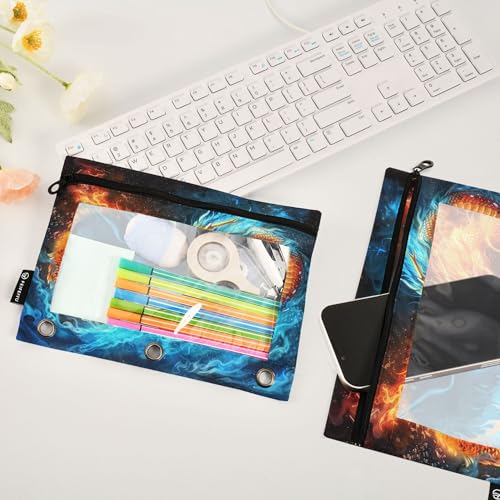 Red Fire Blue Ice Dragon Binder Pouches 3 Ring for Boys Girls School Office College Supplies Dinosaur Legend Lightning Pencil Pouches Case Bag with Clear Window and Zipper 2 Pack - color: Dragon