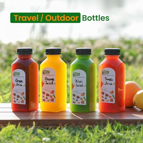 24 PACK, 12 OZ Reusable Thicker Plastic Juice Bottles with Caps, Leakproof | Plus 24 Labels & 2 Funnels, Clear Juicing Bottles for Juice, Smoothies, Ginger, Tea, Coffee -Food Grade & Travel & Freezable - size: 12oz