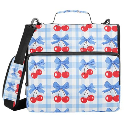 3 Ring Zipper Binder with Shoulder Strap Cherry Blue Bow 1.5 inch Binders Keeper Large Capacity Multi Pockets for School Office Supplies - color: Multi478, size: Fit 500 Sheets