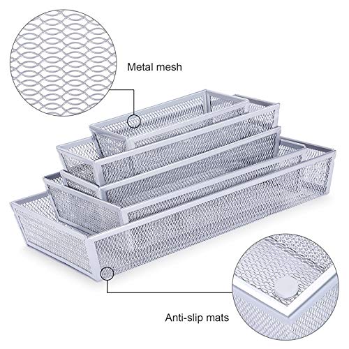 WuGeShop Mesh Silverware Tray Drawer Organizer, Kitchen Utensils Flatware with Anti-slip Mats, Silverware Storage Cutlery Tray for Knives Fork Spoon (5 Separate Compartments, Silver)