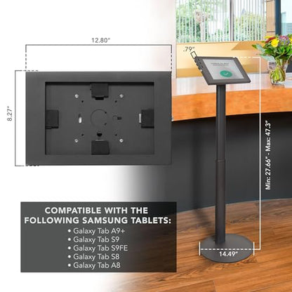 Mount-It! Anti-Theft Tablet Floor Stand Kiosk for Samsung Galaxy Tab A & S Series, Lockable Enclosure, Height Adjustable 27.66"–47.3", Commercial Kiosk Stand, Black