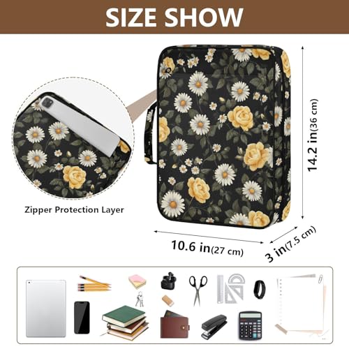 ALAZA Daisies Floral Yellow Roses Zipper Binder with Handle, 7-Pocket Expanding File Folder, Detachable 3-Ring Binder, File Organizer for Home Office Work A4 Letter Size Paper Document
