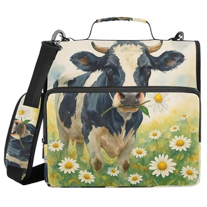 Daisy Flower Cow Zipper Binder with Shoulder Strap, 500 Sheets Capacity, Multiple Pockets 1.5Inch 3 Ring Zipper Binder - color: Daisy Flower Cow