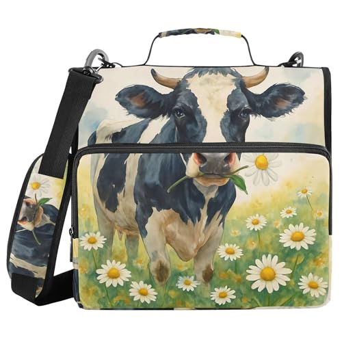 Daisy Flower Cow Zipper Binder with Shoulder Strap, 500 Sheets Capacity, Multiple Pockets 1.5Inch 3 Ring Zipper Binder - color: Daisy Flower Cow