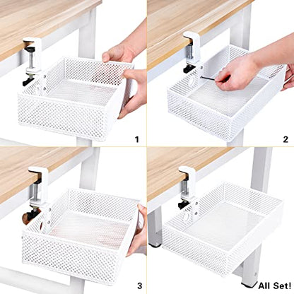Mesh Desk Organizer and Clamp-on Swivel Pencil Drawer, Desk Hidden Desk Organizer Extra Sturdy C-Clamp Mount System and Easy to Instal, Home Office Art Supply Storage Box (White) - color: White