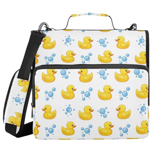 Zipper Binder Bag 3 Ring File Folder Portfolio Organizer Zippered Binder Bags with Strap Fits Laptop Women Men - color: Multi-yellow Duck White