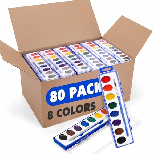 80 Pack Watercolor Paint Set Bulk,8 Colors Water Color Paint Set for kids with Paintbrush.Washable Watercolors Paint for Parties,Birthday Party Favor,Valentines for kids,Art Supplies and Classroom - size: 1 Count (Pack of 80)