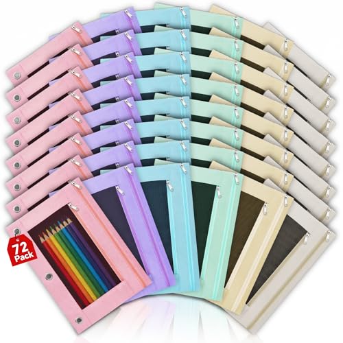 Lanpn 72 Pcs Pencil Pouch for 3 Ring Binder, 2 Pocket Zipper Binder Pouch Bulk, Pastel Binders Pencil Case, School Supplies for Boy Girl Student, Reinforced Grommets, Clear Window, Micro Mesh - color: 2 Pockets, size: 72 Pack