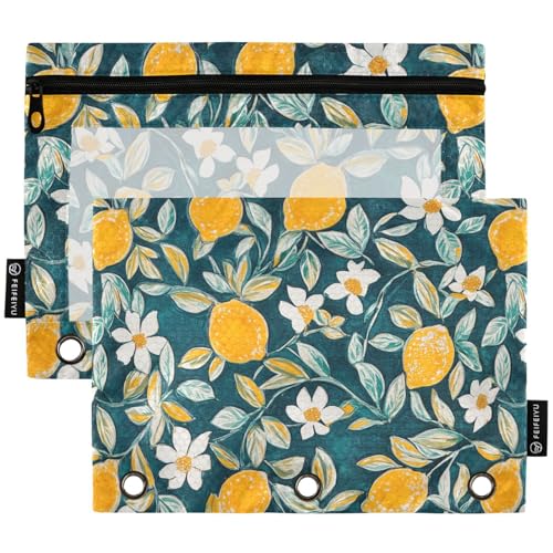 Studying 2 Pack Retro Floral Lemons Flowers Leaves 3 Ring Binder Pencil Pouch Bags,Clear Window Storage Case with Zipper for Boys Girls School Office Supplies Cosmetics Organizers - color: Multi-lemons