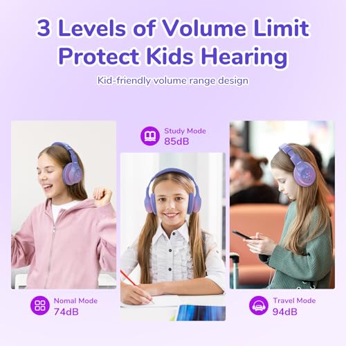 EarFun K4 Kids Bluetooth Headphones, Wireless Headphones with LED Lights | 74/85/94dBA Volume Limited, Built-in Mic, 90H Playtime, Bluetooth 5.4 Over Ear Headphone for iPad/Tablet/School, Violet - color: Gradient Violet