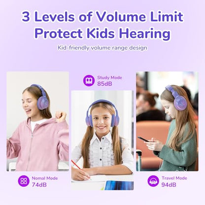 EarFun K4 Kids Bluetooth Headphones, Wireless Headphones with LED Lights | 74/85/94dBA Volume Limited, Built-in Mic, 90H Playtime, Bluetooth 5.4 Over Ear Headphone for iPad/Tablet/School, Violet - color: Gradient Violet