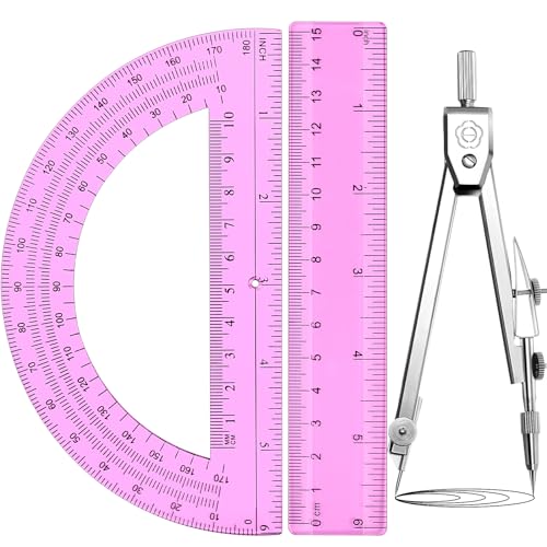 Zonon 3 Pcs Plastic Ruler 6 Inch Protractor Drawing Compass Set, Student Geometry Math Transparent Measuring Tools for Home School Classroom Office Supplies(6 Inch,Pink) - color: Pink, size: 6 Inch