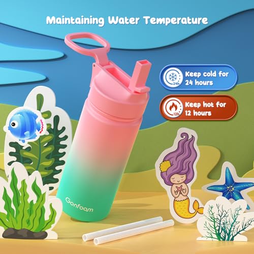 Gonfoam 16oz Kids Water Bottle, Stainless Steel Insulated Cup | DIY Stickers, BPA-free, Leak-proof, Sturdy, Keeps Cold 24h, Easy to Carry, Easy to Clean, Back to School, Gifts - color: Pink and Green