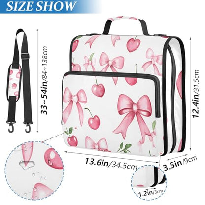 Pink Bow Cherry 3 Ring Zipper Binder Bag Binder Organizer with Handle Shoulder Strap for School Work Office Supplies - color: Pink Bow Cherry