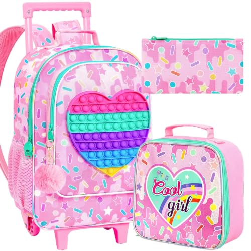 CCJPX 3Pcs Kids Rolling Backpack for Girls, Love Roller Wheeled Bookbag Toddler Elementary School Bag with Wheels (Pink) - color: Love Pink