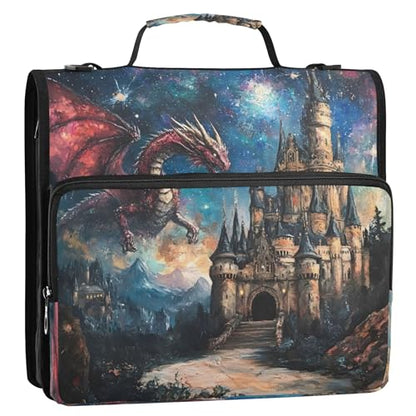 3 Ring Zipper Binder Dragon Castle Binder Organizer Portfolio with File and Shoulder Strap & Handle Large Capacity File Folder - color: Dragon Castle