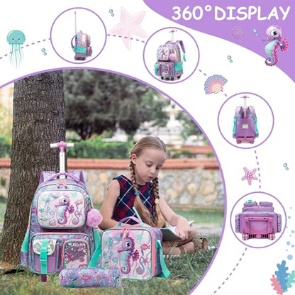 Meetbelify Kids Rolling Backpack with Wheels for Girls Rolling Backpacks with Lunch Box for Elementary School Students 3 in 1 Travel Luggage Suitcase for Girls Age 8-10 - color: Girl 03