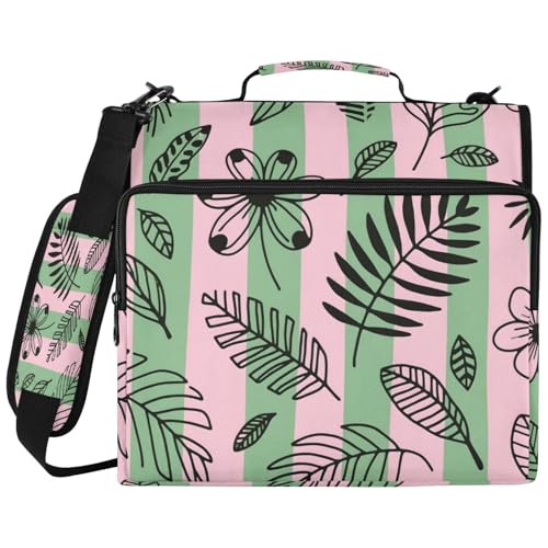 Hand-Drawn Leaves Zipper Binder with 2 Inch D-Rings Expandable File Portfolio with Shoulder Strap, Waterproof Nylon Organizer for 14" Laptop for Work College Travel