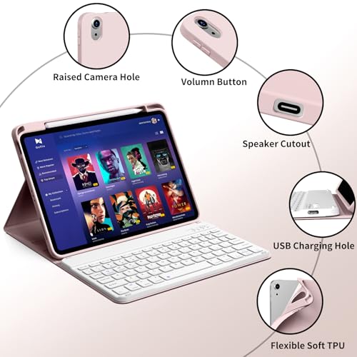kenke for iPad 11/10th Gen Case with Keyboard 11/10.9 inch 2025 A16/2022, Detachable Wireless Bluetooth Keyboard Case with Bulit-in Pencil Holder, White Square Keycaps (Pink) - color: Pink