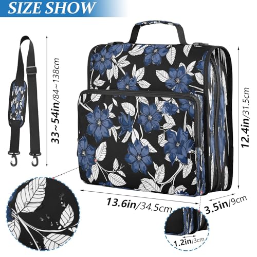 Navy Blue Flowers Zipper Binder 3 Ring with Shoulder Strap and Handle Multiple Pockets Expanding File Folder Organizer