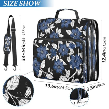 Navy Blue Flowers Zipper Binder 3 Ring with Shoulder Strap and Handle Multiple Pockets Expanding File Folder Organizer