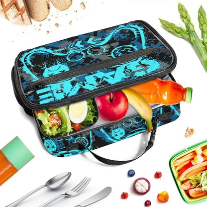WOBAGMEN Game Lunch Box for Kids, Cute Insulated Lunch Bag for Boys Girls,Waterproof Lunch Box with Water Bottle Holder for Teens Adults Picnic Travel Back to School (Blue Game) - color: Blue Game