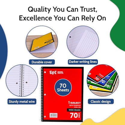 EPI Spiral Notebook | Wide - 70 Sheets, Durable Spiral Binding | 10.5 x 8 in | Classroom Supplies | School, Office, Note Taking, Journaling - 48 Pack - color: Blue, size: 48