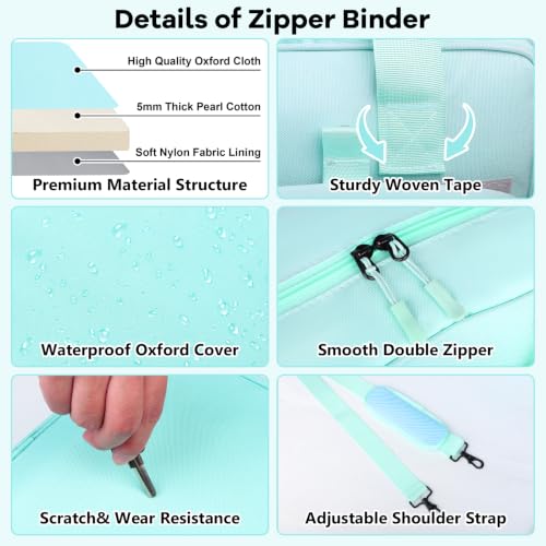 3 Inch D-Ring Zipper Binder Bag, 700 Sheet Capacity Multi-Pockets Organizer, 13 Inch Laptop Carrying Case with Bottle Holder& Shoulder Strap for School Office (Blue) - color: Ocean Blue